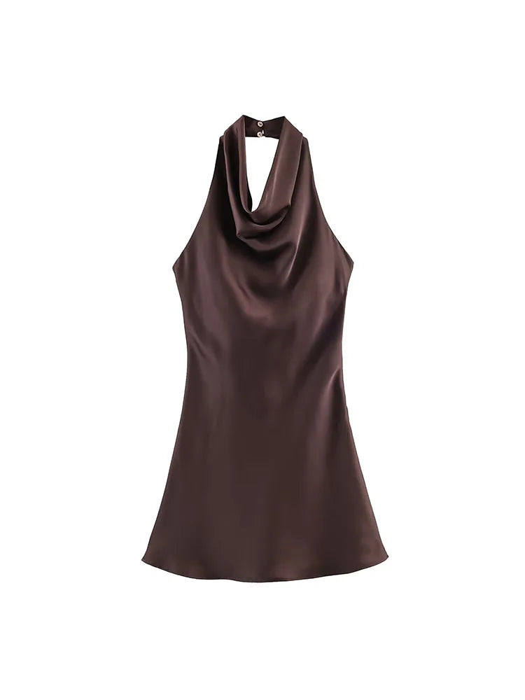 2026 Women Summer Halter Mini Dress Fashion Sexy Satin Backless Solid Female Elegant Street Party Dresses Clothing
