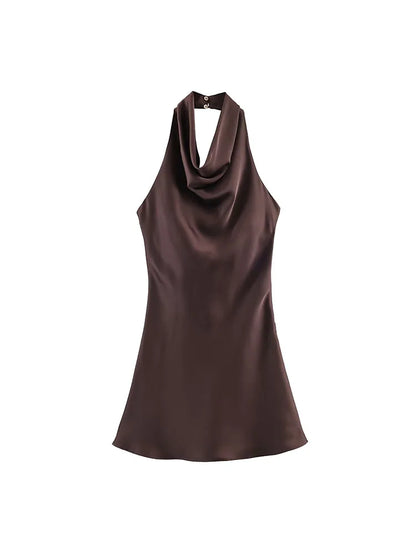 2026 Women Summer Halter Mini Dress Fashion Sexy Satin Backless Solid Female Elegant Street Party Dresses Clothing
