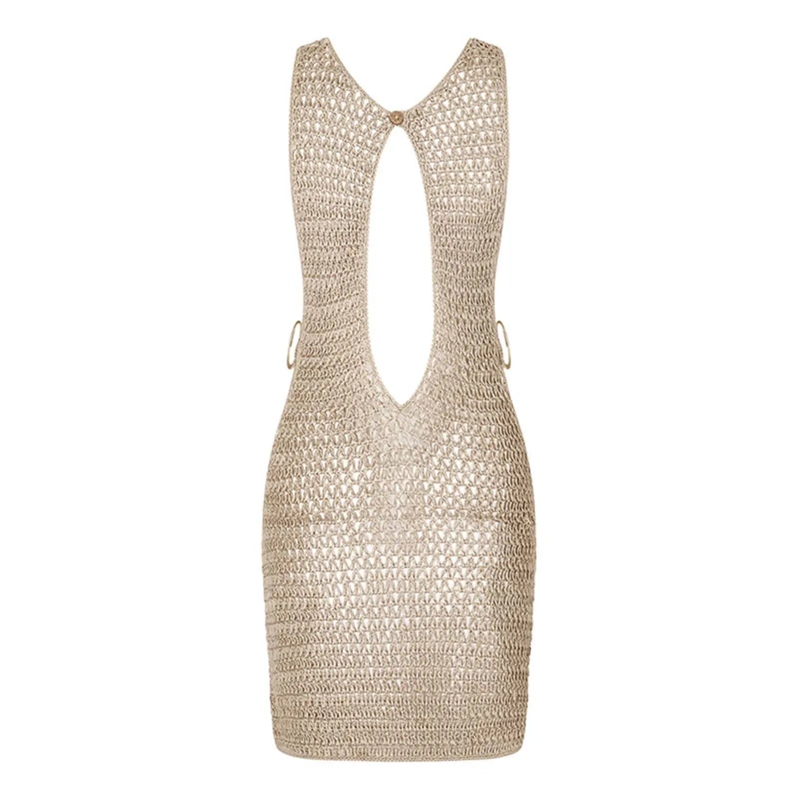 2025 Sexy Cut Out Crochet Knitted Beach Dress Woman Summer Backless Tunic Beach Cover Ups Short Dress Beach Wear Women Swimsuit