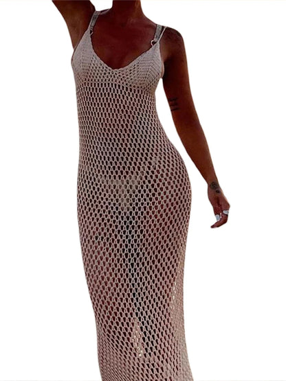 Women Knitted Beach Cover Ups Crochet Cutout Backless Beach Dress For Women Bikini Swimsuit Bathing Suit Summer Beachwear