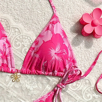 Flower Pendant Bikinis Sets Pink Floral Print Swimsuit Push Up Triangle String Backless Bikini Swimwear Women Beach Bathing Suit