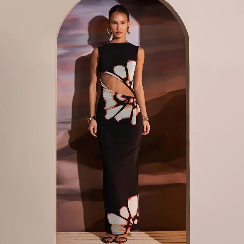 Black Hollow Out Maxi Dress