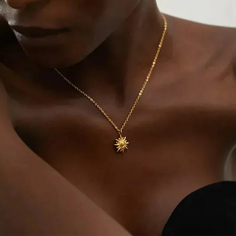 Stainless Steel Geometric Sunflower Pendant Necklace