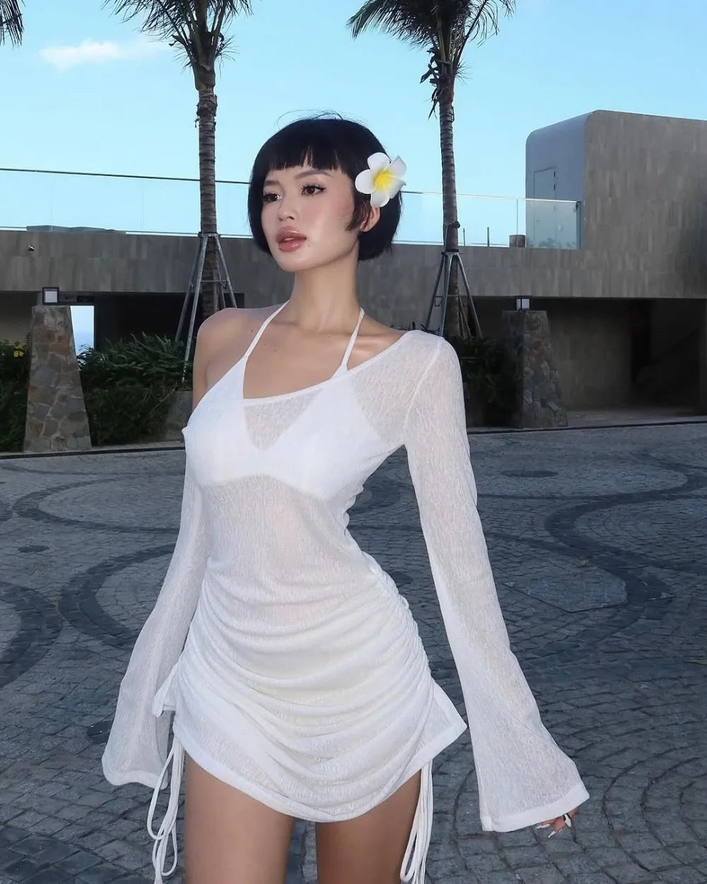 Solid Skew Collar Ruched Straps Lace-Up See-Through Draw String Mini Dress 2026 Summer Women&