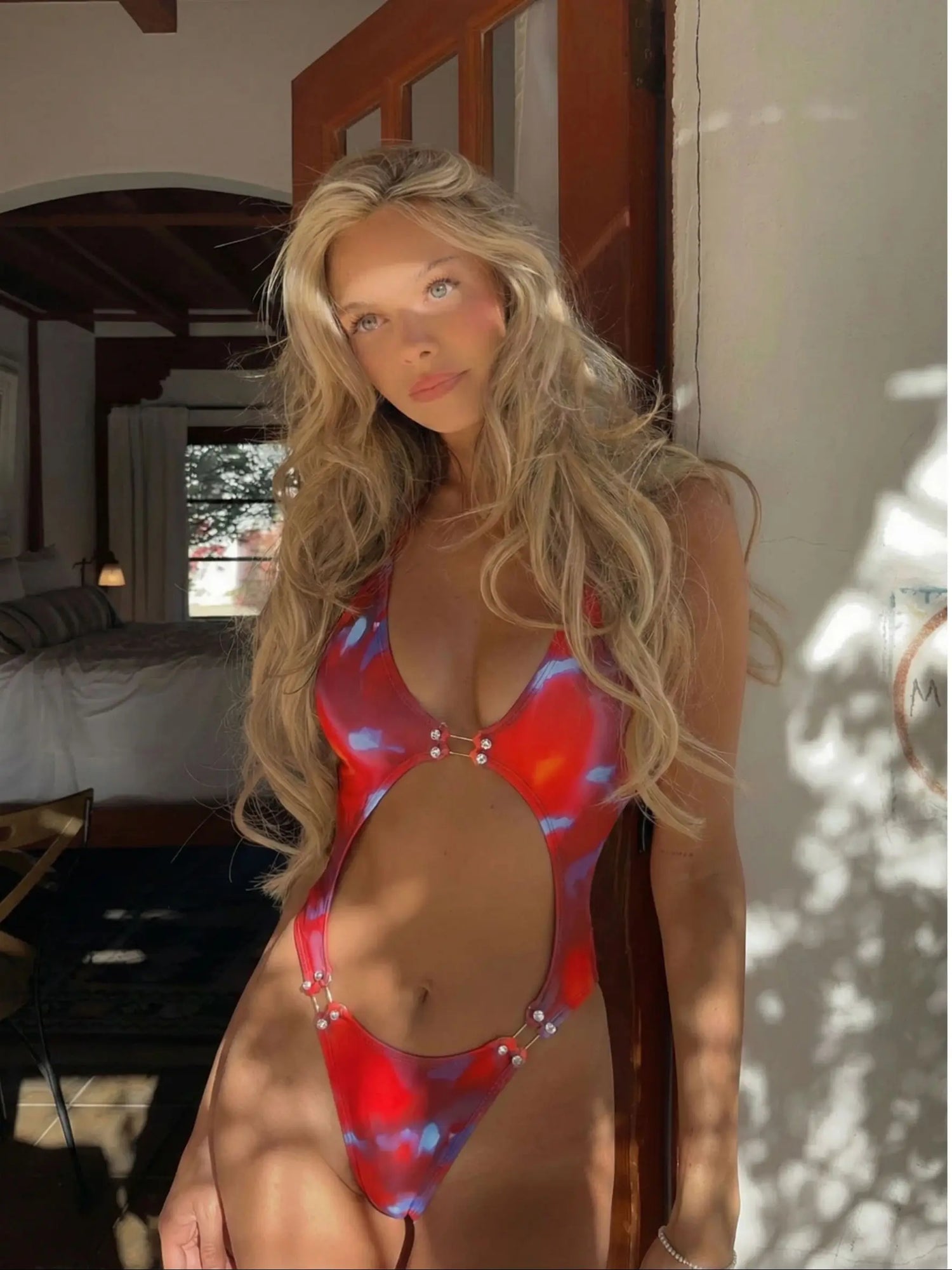 Deep V Neck One Piece Swimsuit Women Swimwear Bodysuit Monokini Print Swim Suit Bathing Suit Beachwear Vacation Resort Wear