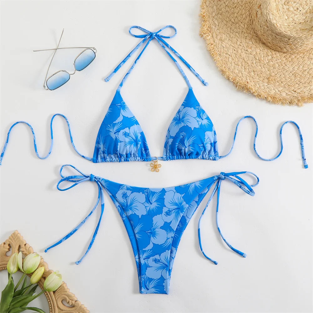Flower Pendant Bikinis Sets Pink Floral Print Swimsuit Push Up Triangle String Backless Bikini Swimwear Women Beach Bathing Suit