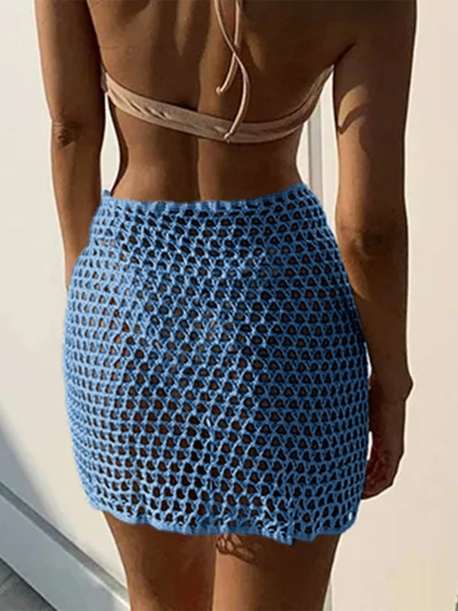 Women Beach Skirt Hollowed Solid Black White Yellow Green Knitted Mini Skirt For Women Summer Vacation Seaside Cover-Up Skirt