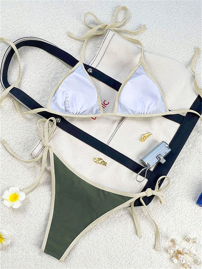 Vintage Blue Bikinis Set Triangle Border String Swimsuit Push Up Swimwear Backless Extrem Bikini Women Beach Outfit Bathing Suit