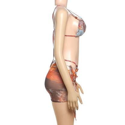 Sexy Hottie Laced up Bikini Mesh Skirt 3 Piece Set Women Split Beach Vacation Bikini 2026 New Summer Swimwea Bikini Set