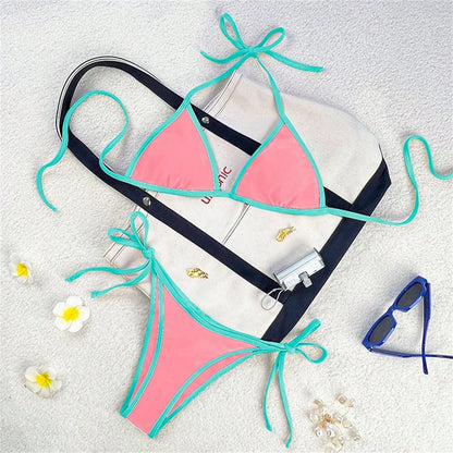 Vintage Blue Bikinis Set Triangle Border String Swimsuit Push Up Swimwear Backless Extrem Bikini Women Beach Outfit Bathing Suit