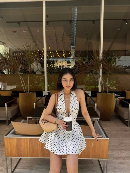 YENKYE French Style Retro Polka Dot Deep V Halter Dress Women Sexy Backless A-line Slim Sweet Elegant Mini Dresses Summer Robe