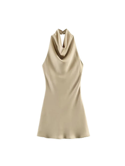 2026 Women Summer Halter Mini Dress Fashion Sexy Satin Backless Solid Female Elegant Street Party Dresses Clothing