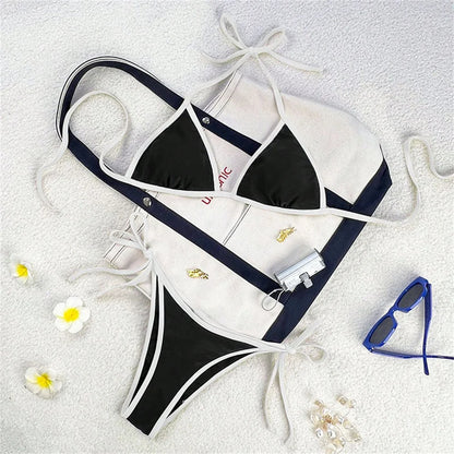 Vintage Blue Bikinis Set Triangle Border String Swimsuit Push Up Swimwear Backless Extrem Bikini Women Beach Outfit Bathing Suit