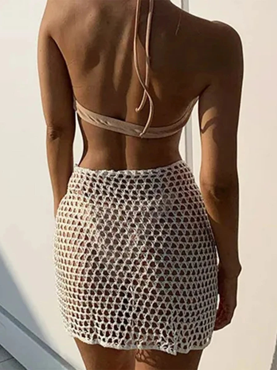 Women Beach Skirt Hollowed Solid Black White Yellow Green Knitted Mini Skirt For Women Summer Vacation Seaside Cover-Up Skirt
