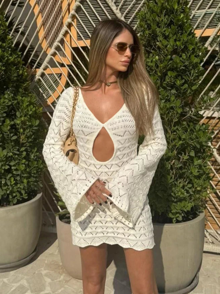 Sexy Boho Striped Chic V-neck Cut Out Bell Sleeve Knit Dress 2025 Summer Women Seaside Holiday Mini A-Line Dress K123