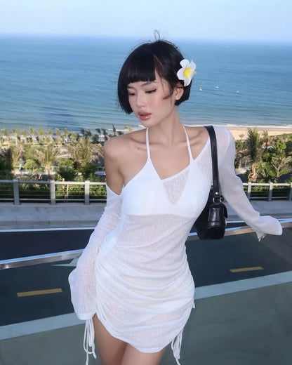 Solid Skew Collar Ruched Straps Lace-Up See-Through Draw String Mini Dress 2026 Summer Women&