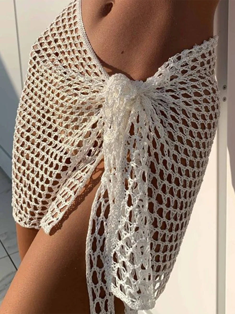 Women Beach Skirt Hollowed Solid Black White Yellow Green Knitted Mini Skirt For Women Summer Vacation Seaside Cover-Up Skirt