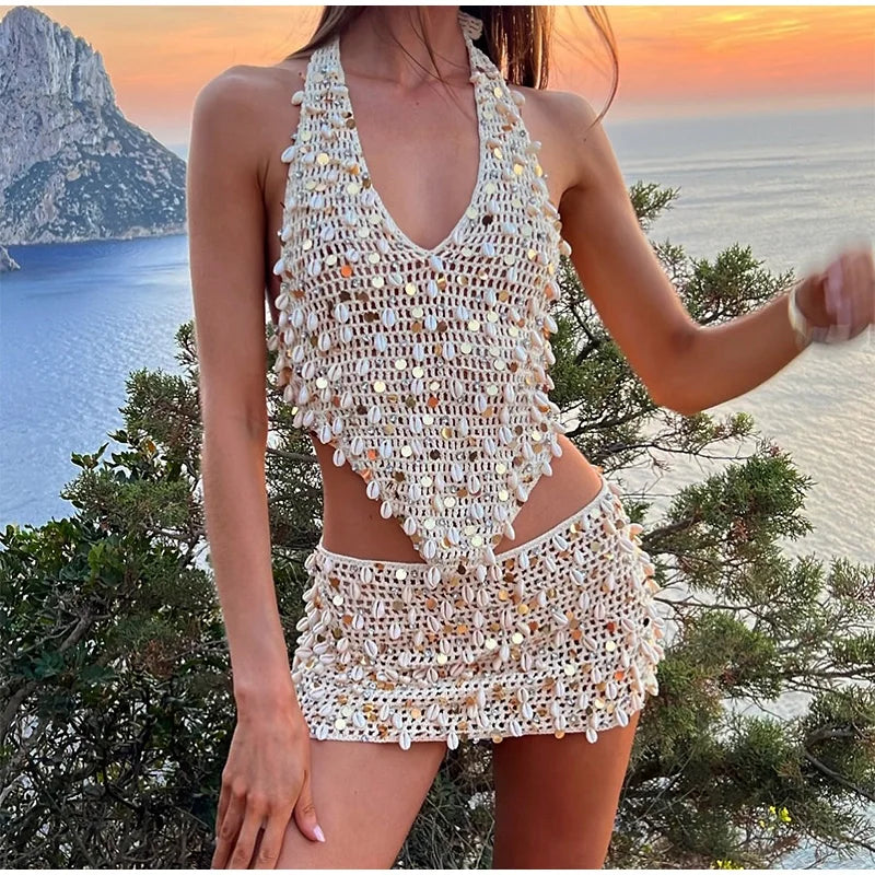 Sequined Hollow-Out Knit Skirt Set