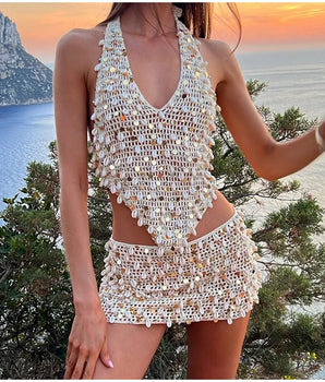 Sequined Hollow-Out Knit Skirt Set