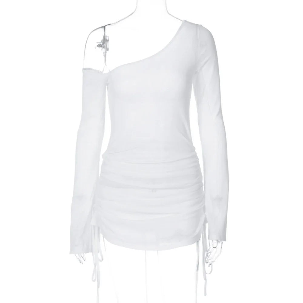 Solid Skew Collar Ruched Straps Lace-Up See-Through Draw String Mini Dress 2026 Summer Women&