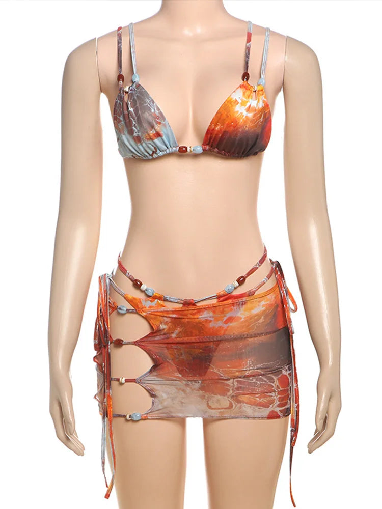 Sexy Hottie Laced up Bikini Mesh Skirt 3 Piece Set Women Split Beach Vacation Bikini 2026 New Summer Swimwea Bikini Set