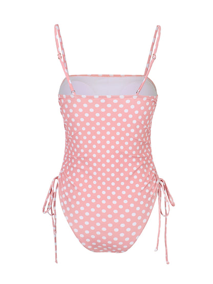 Chic Polka Dot Bikini Set High Cut Swimwear Pink Retro Swimsuit Ruched Top with Side Ties Tropical Vacation Beach Outfit K369
