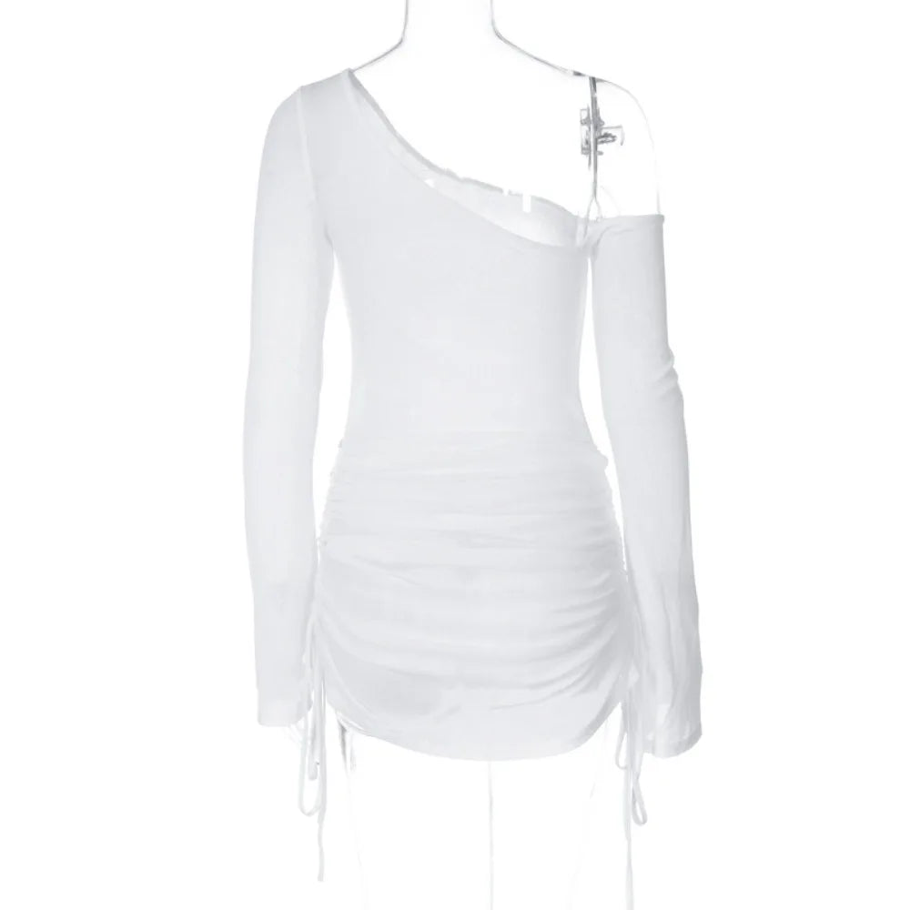 Solid Skew Collar Ruched Straps Lace-Up See-Through Draw String Mini Dress 2026 Summer Women&