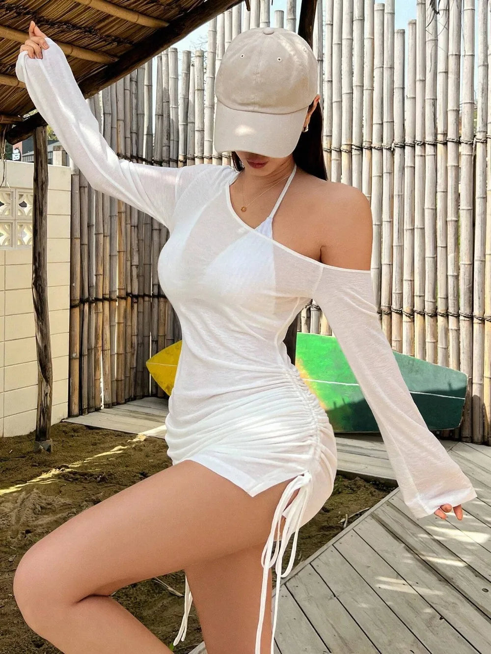 Solid Skew Collar Ruched Straps Lace-Up See-Through Draw String Mini Dress 2026 Summer Women&