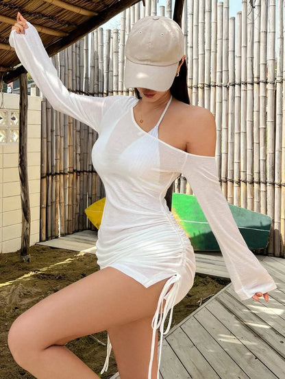 Solid Skew Collar Ruched Straps Lace-Up See-Through Draw String Mini Dress 2026 Summer Women&