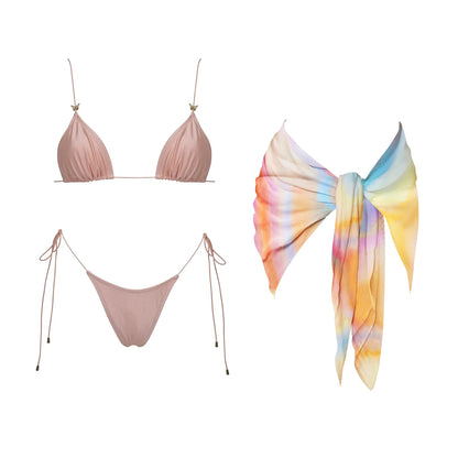 3Pcs Mirco Bikini 2025 Sexy Swimsuit Women Push Up Swimwear Bandeau Biquini Female Pink Bodysuit Bathing Suits Sarong Mini Skirt