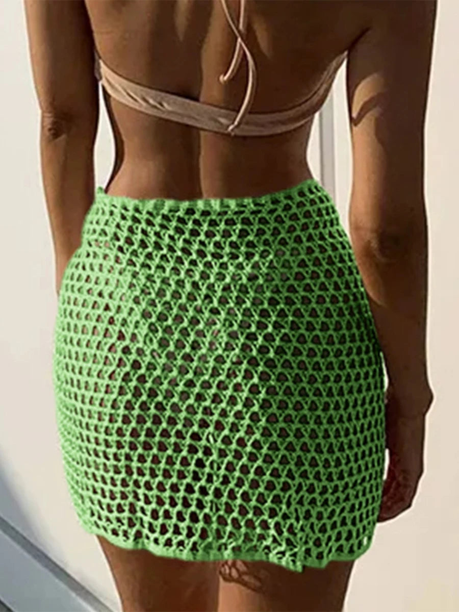 Women Beach Skirt Hollowed Solid Black White Yellow Green Knitted Mini Skirt For Women Summer Vacation Seaside Cover-Up Skirt
