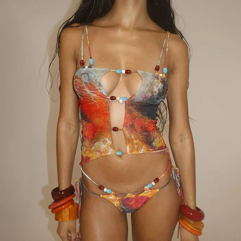 Sexy Hottie Laced up Bikini Mesh Skirt 3 Piece Set Women Split Beach Vacation Bikini 2026 New Summer Swimwea Bikini Set