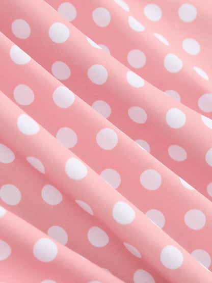 Chic Polka Dot Bikini Set High Cut Swimwear Pink Retro Swimsuit Ruched Top with Side Ties Tropical Vacation Beach Outfit K369