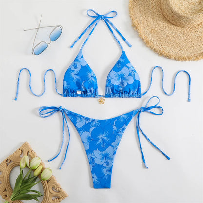 Flower Pendant Bikinis Sets Pink Floral Print Swimsuit Push Up Triangle String Backless Bikini Swimwear Women Beach Bathing Suit