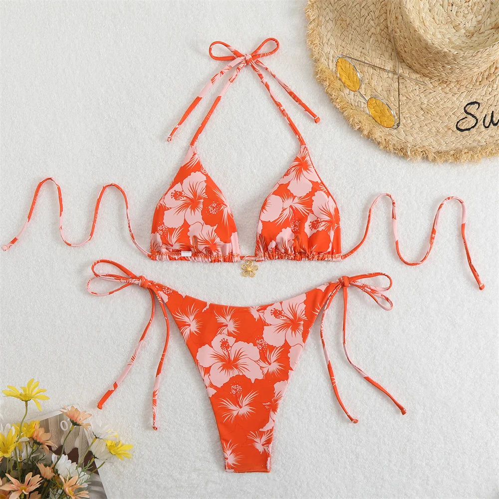 Flower Pendant Bikinis Sets Pink Floral Print Swimsuit Push Up Triangle String Backless Bikini Swimwear Women Beach Bathing Suit