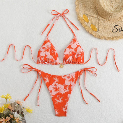 Flower Pendant Bikinis Sets Pink Floral Print Swimsuit Push Up Triangle String Backless Bikini Swimwear Women Beach Bathing Suit