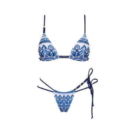 Beaded Print Bikini Swimsuit Women Swimwear Bikini Set Tie Side String High Leg Bathing Suit Beachwear Summer Halter Biquini