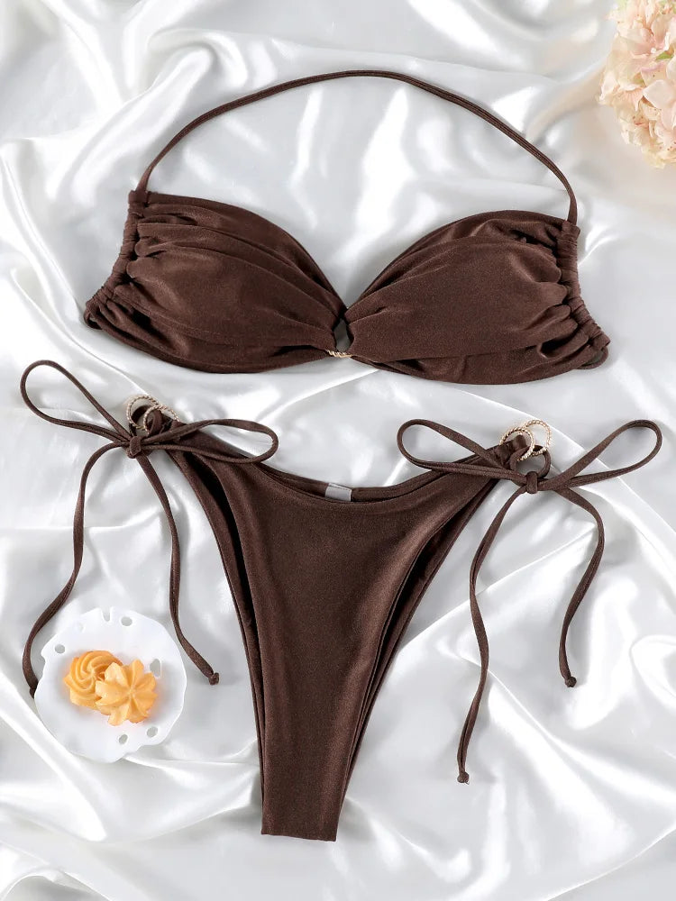 Halter Bikinis Sexy Swimsuit Women Solid Color Swimwear Hollow Out Bikini Set Two Piece Suit Summer Bathing Suits