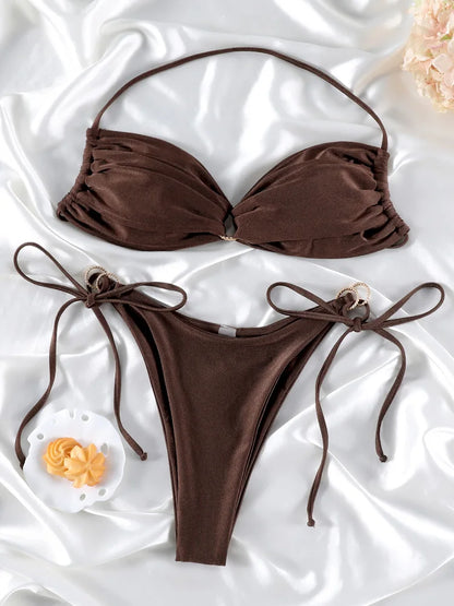 Halter Bikinis Sexy Swimsuit Women Solid Color Swimwear Hollow Out Bikini Set Two Piece Suit Summer Bathing Suits