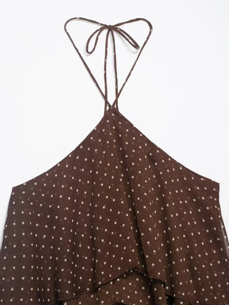 Women Mini Halter Dress 2026 Summer Fashion Polka Dot Cascading Ruffle Off the shoulder Female Elegant Street Dresses Clothes