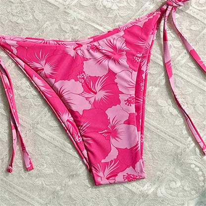 Flower Pendant Bikinis Sets Pink Floral Print Swimsuit Push Up Triangle String Backless Bikini Swimwear Women Beach Bathing Suit