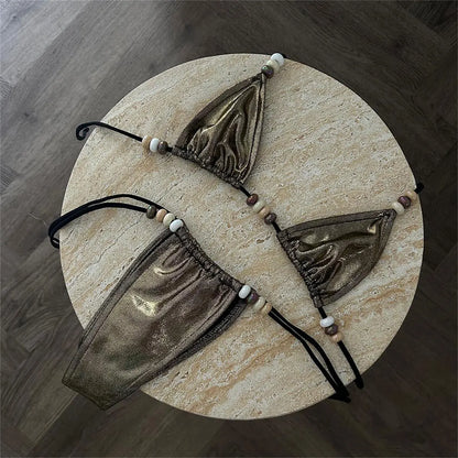Sexy Bead Bikini Swimsuit Swimwear Swimsuits Halter Bathing Suits High Leg Two-Piece Suits Beachwear Biquini