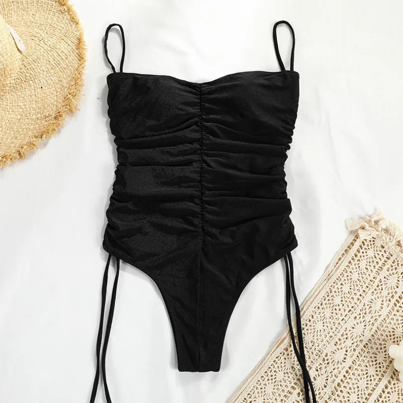 High Waist Swimwear Women One Piece Swimsuit Sexy V-Neck Push Up Bathing Suit Halter Drawstring Bikinis Sets Beachwear Monokinis