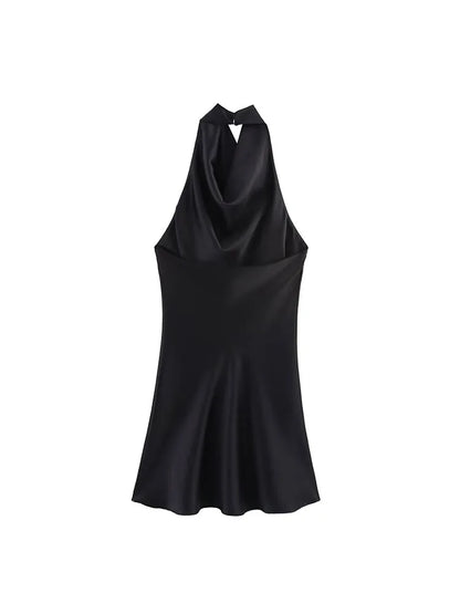 2026 Women Summer Halter Mini Dress Fashion Sexy Satin Backless Solid Female Elegant Street Party Dresses Clothing