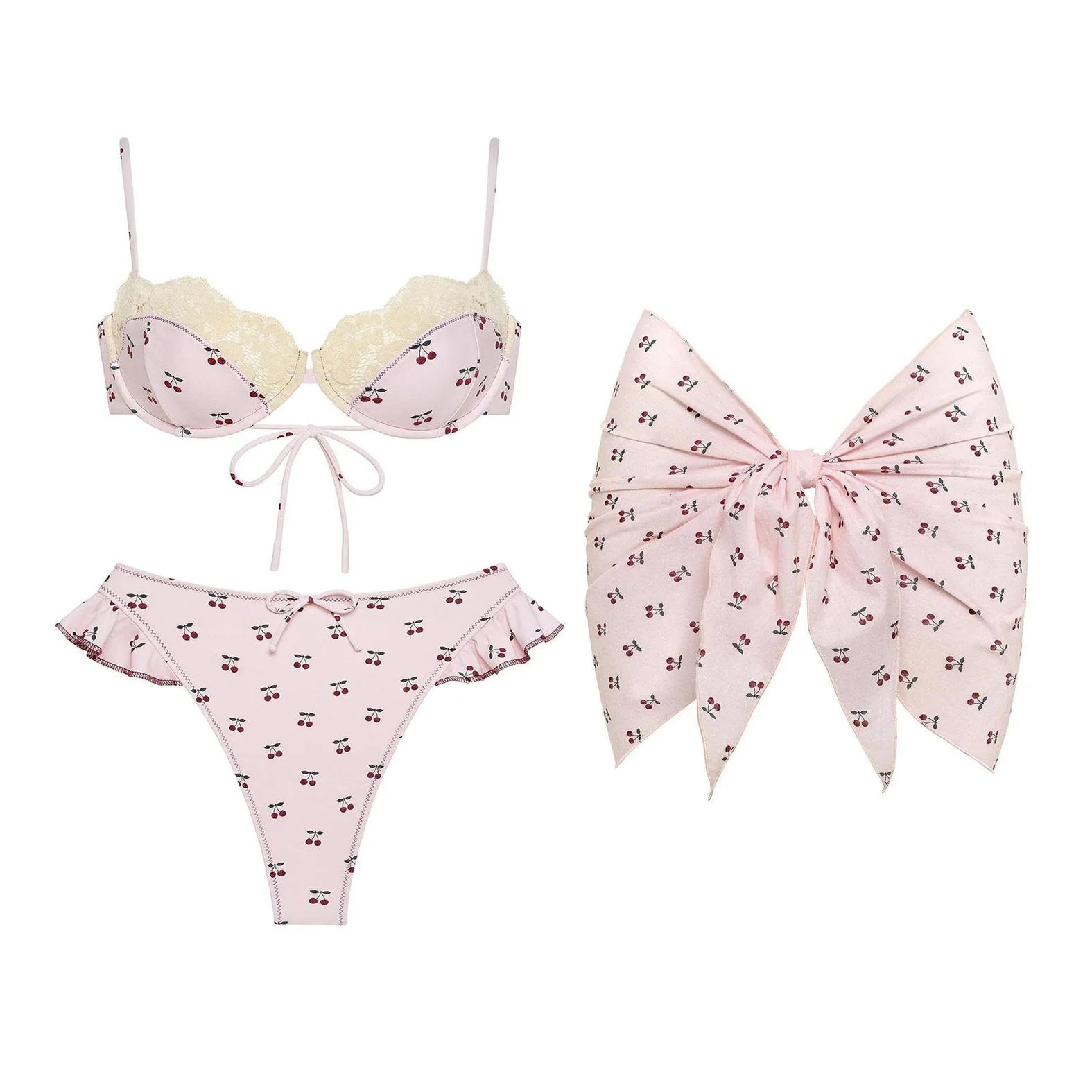 3Pc Pink Lace Bikini 2026 Bandeau Biquini Women Sexy Swimsuit Push Up Swimwear Female Mini Skirt Bathing Suit Cover Up Beachwear