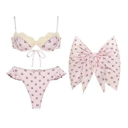 3Pc Pink Lace Bikini 2026 Bandeau Biquini Women Sexy Swimsuit Push Up Swimwear Female Mini Skirt Bathing Suit Cover Up Beachwear