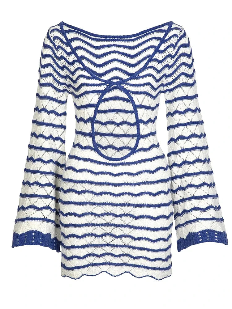 Sexy Boho Striped Chic V-neck Cut Out Bell Sleeve Knit Dress 2025 Summer Women Seaside Holiday Mini A-Line Dress K123