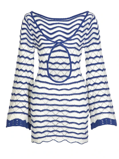 Sexy Boho Striped Chic V-neck Cut Out Bell Sleeve Knit Dress 2025 Summer Women Seaside Holiday Mini A-Line Dress K123