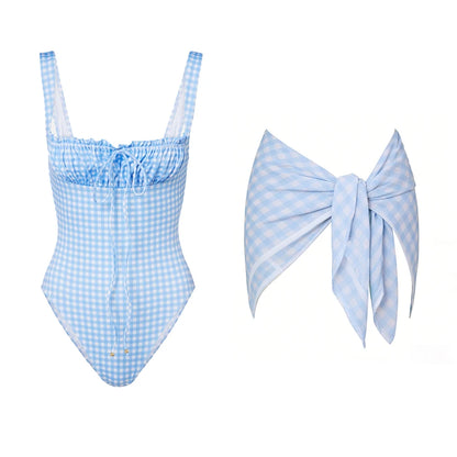 Print One Piece Swimsuit with Skirt Bandeau Swimwear Women High Leg Swimsuit Bodysuit Bathing Suit Beach Wear Monokini