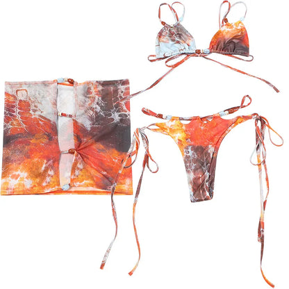 Sexy Hottie Laced up Bikini Mesh Skirt 3 Piece Set Women Split Beach Vacation Bikini 2026 New Summer Swimwea Bikini Set